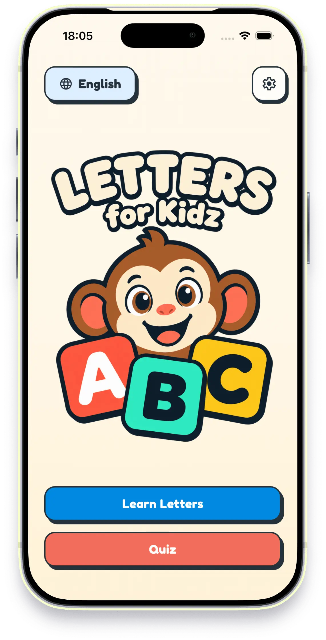 Letters for Kidz home screen with Learn Letters and Quiz buttons