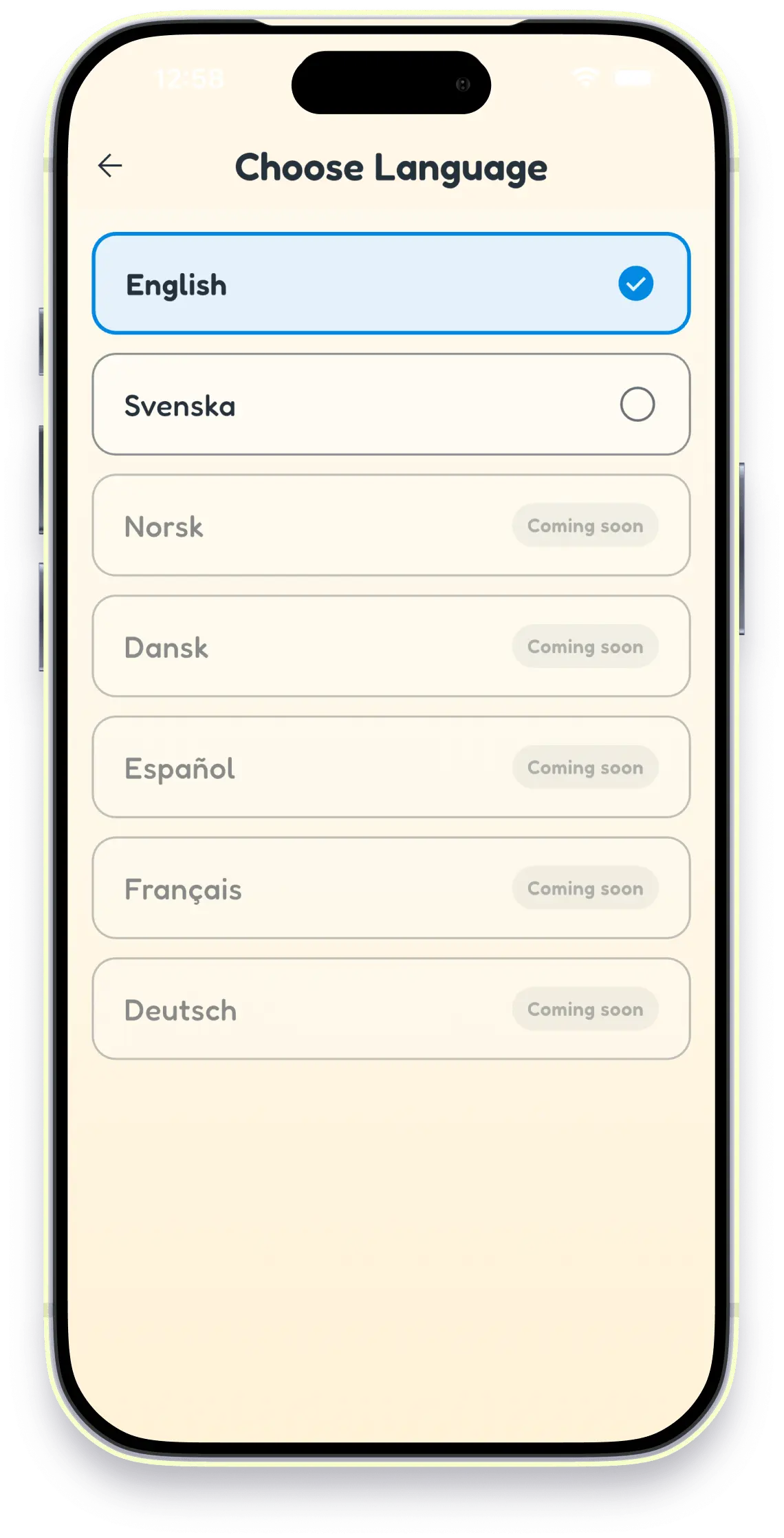 Language picker showing English and Svenska in Letters for Kidz