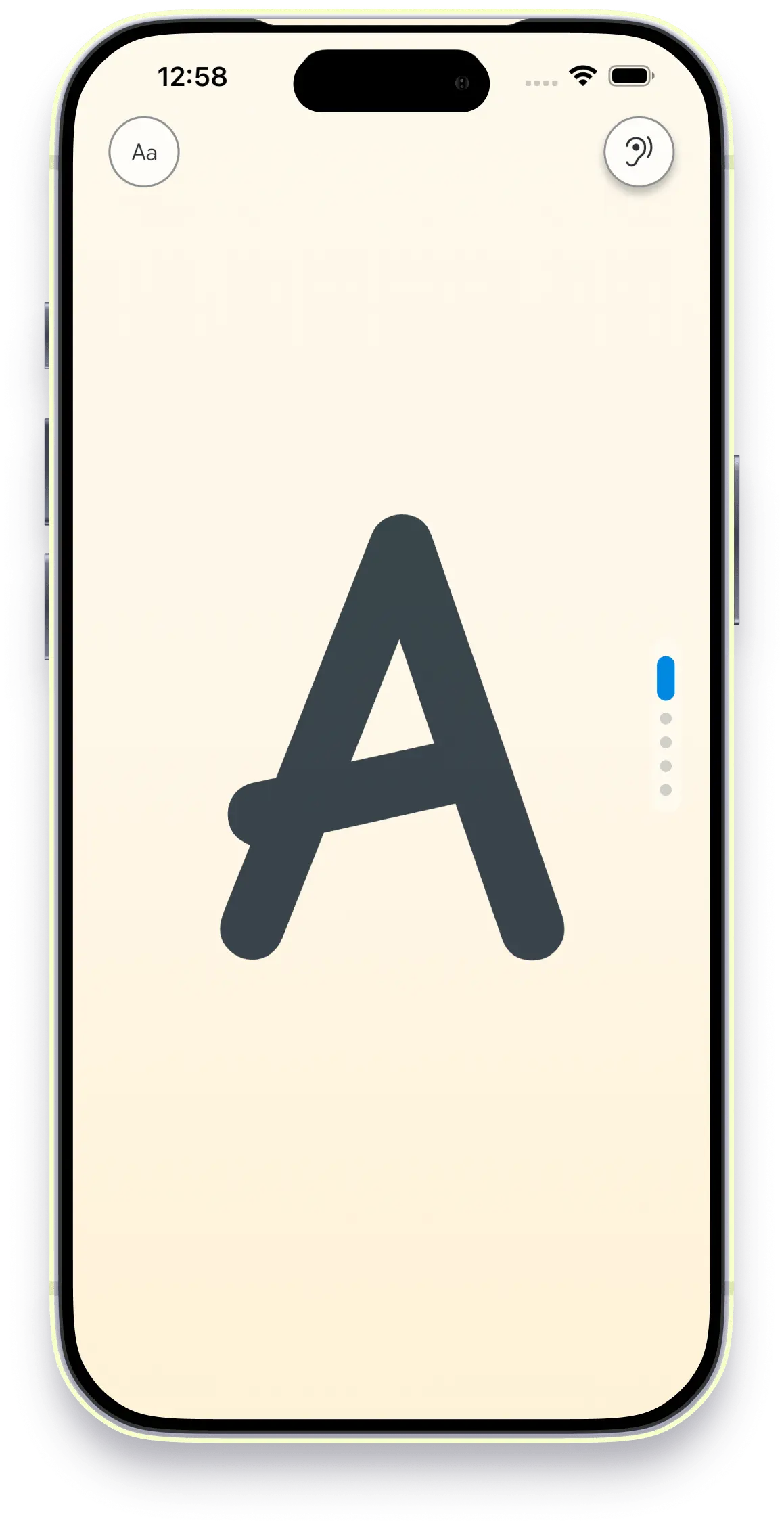 The letter A filling the screen in Letters for Kidz