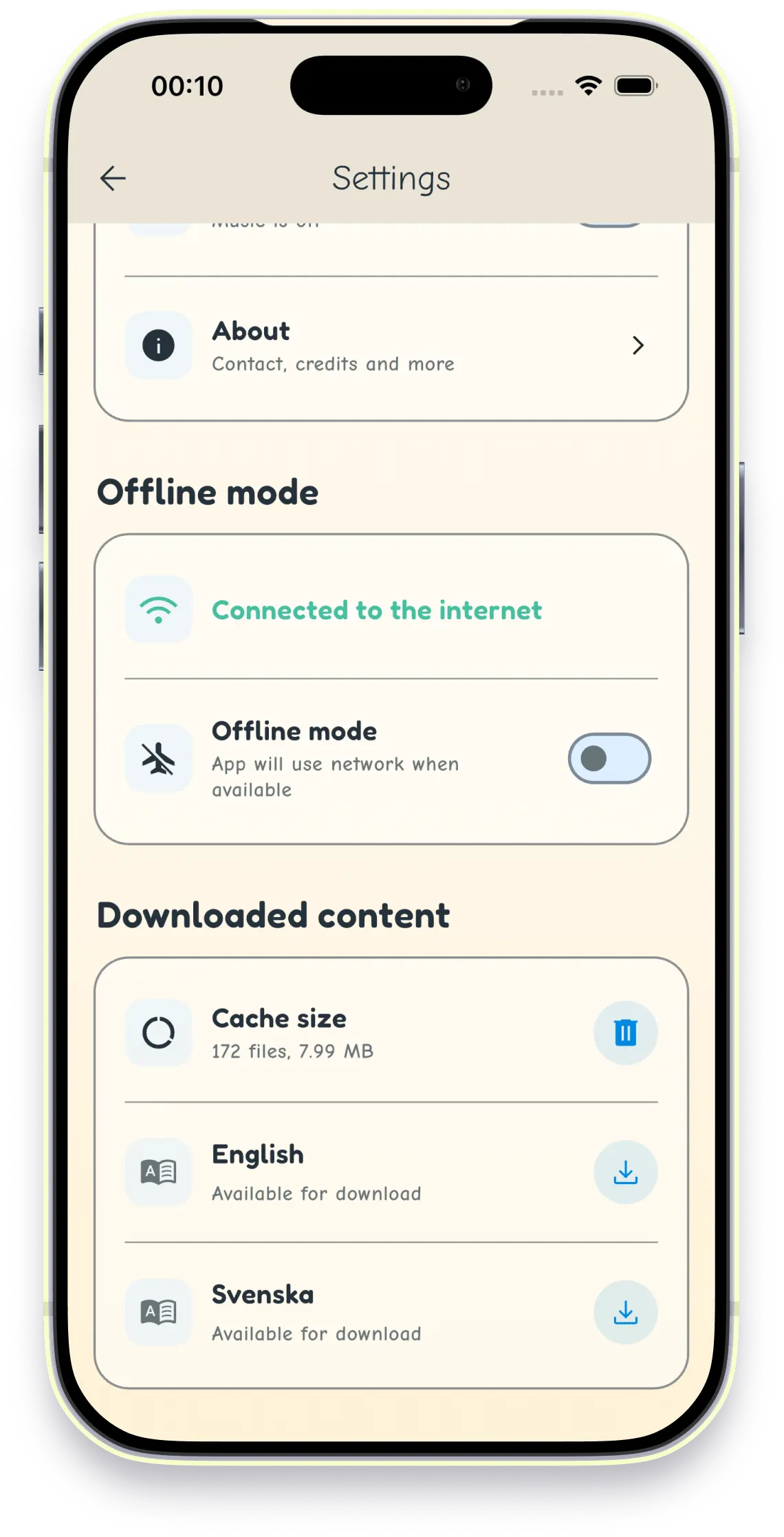 Offline mode and downloaded content settings in Letters for Kidz