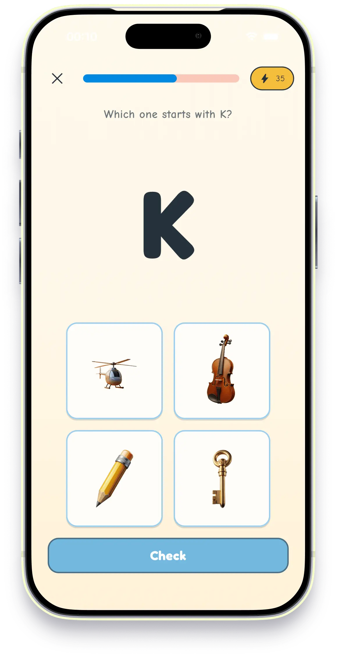 Picture quiz asking which object starts with K in Letters for Kidz