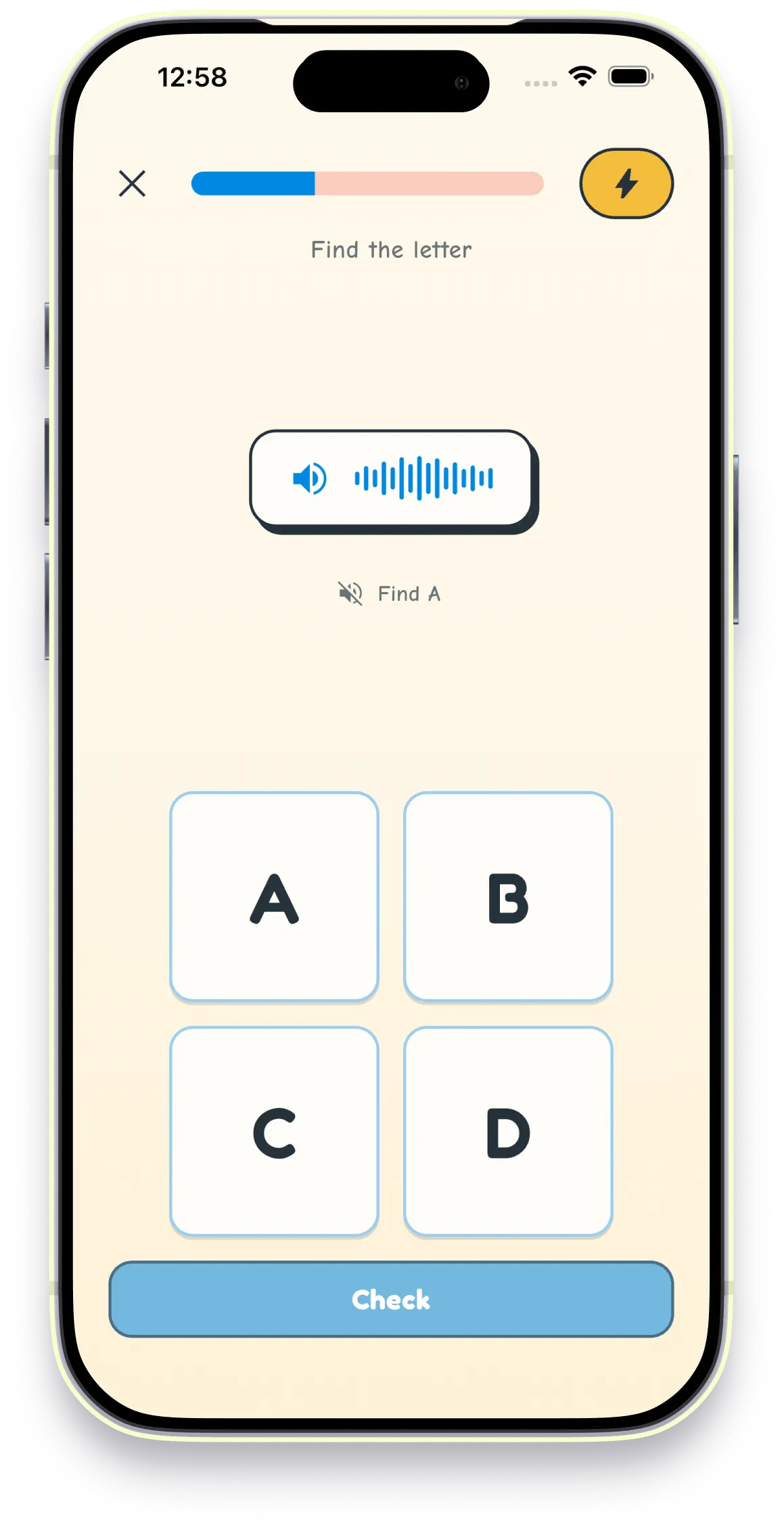 A quiz question in Letters for Kidz with four letters to choose from