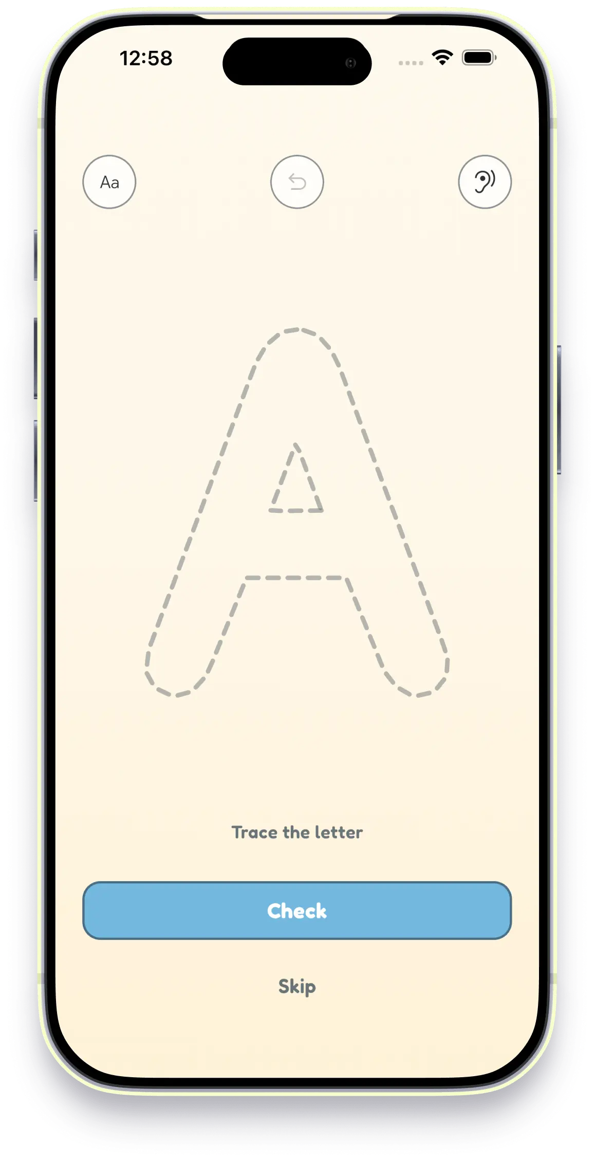 Guided letter tracing screen in Letters for Kidz