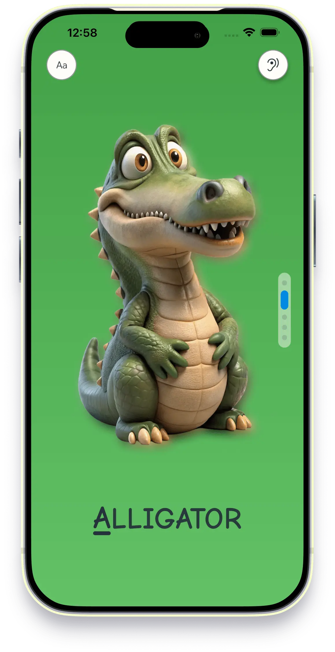 An alligator illustration with the word ALLIGATOR in Letters for Kidz
